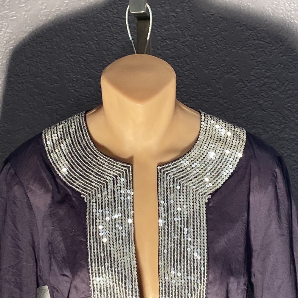 TORY BURCH - l/s dark blue tunic: silver sequins on neck & cuffs, hip slits - 8 - Picture 3 of 16